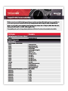 A list of parts for the TrojanUV4000 wastewater disinfection system that will only be available until July 31, 2022