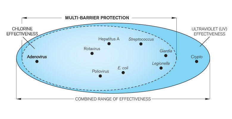 The combined range of effectiveness when UV and chlorine are used together to disinfect drinking water